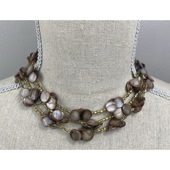 Vintage 13" Choker Necklace Tan Crystal MOP Shell 3 Strands BOHO - Picture 1 of 7